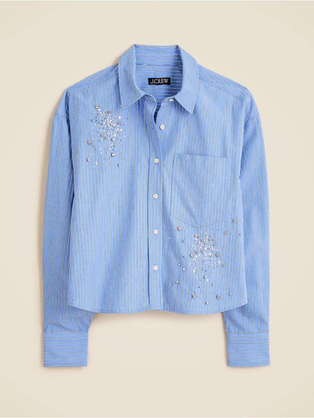 J.Crew Etienne Light Blue Striped Embellished Button-Up Shirt Crop